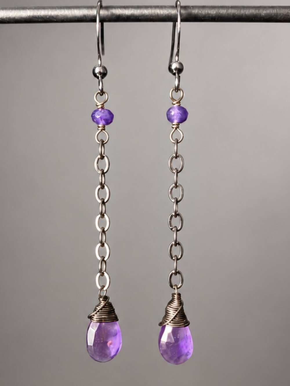 Amethyst & Gunmetal Chain Dangle Earrings